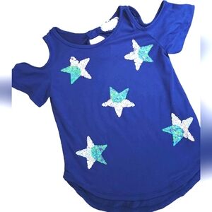 between blue cold shoulder top | size 8 | sequins star embellishments